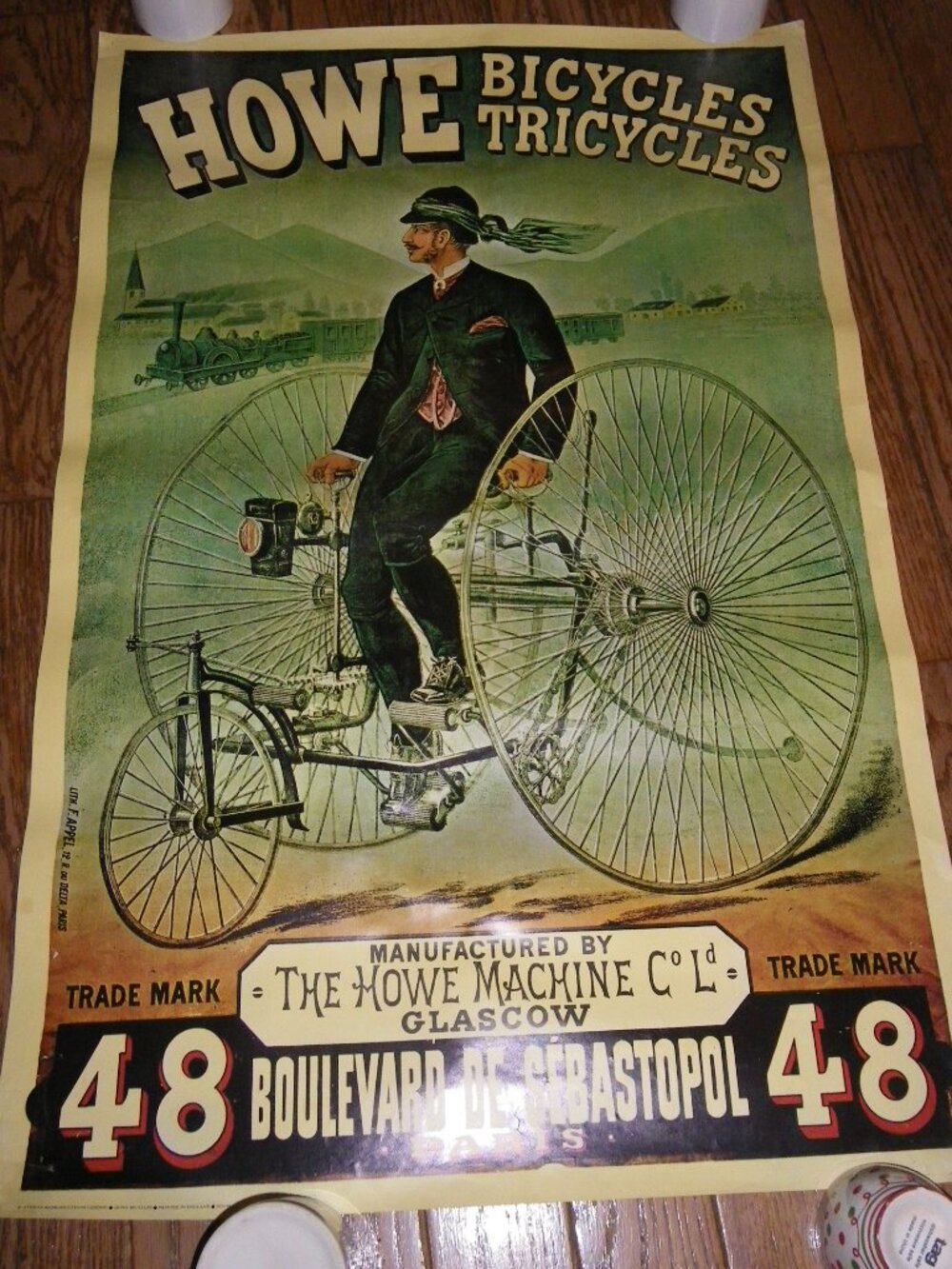 Vintage Poster Howe Bicycles Tricycles Glascow 1880s Design Paris 35 ½” x 23”